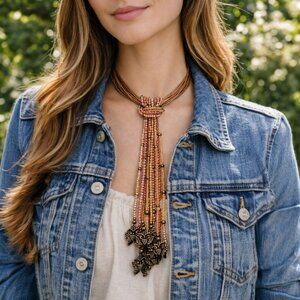 Multistrand Copper Orange Leather Choker w/ Beaded Strands Necklace